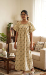 Traditional Cotton Nighty, 57 Inches Length - Cream + Green - Image 2