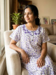 Churidar Model Cotton Nighty With Buttons, 55 Inches - White + Violet flowers