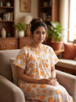 Traditional Cotton Nighty, 57 Inches Length - Cream + Orange