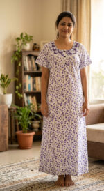 Churidar Model Cotton Nighty With Buttons, 55 Inches - White + Violet flowers - Image 2