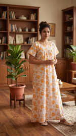 Traditional Cotton Nighty, 57 Inches Length - Cream + Orange - Image 2