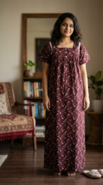 Front Open Cotton Nighty With Buttons, 55 Inches - Maroon - Image 2