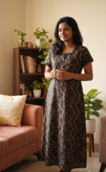 Comfortable Full Open Cotton Nighty, 55 Inches Long - Dark Green - Image 2