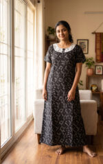Churidar Model Cotton Nighty With Buttons, 55 Inches - Black - Image 2