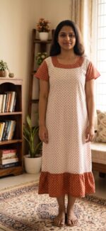 Short And Trendy Cotton Nighty - White + Orange - Image 2