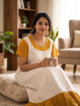 Short And Trendy Cotton Nighty - White + Yellow