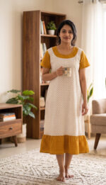 Short And Trendy Cotton Nighty - White + Yellow - Image 2