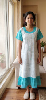 Short And Trendy Cotton Nighty - White + Blue - Image 2