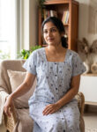 Comfortable Full Open Cotton Nighty, 55 Inches Long - Blue