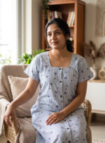Comfortable Full Open Cotton Nighty, 55 Inches Long - Blue