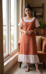 Short And Trendy Cotton Nighty - Orange + White - Image 2