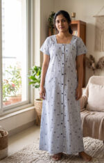 Comfortable Full Open Cotton Nighty, 55 Inches Long - Blue - Image 2