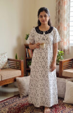 Churidar Model Cotton Nighty With Buttons, 55 Inches - White - Image 2