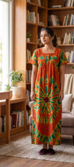 Front Open Chungidi Cotton Nighty With Buttons, 55 Inches - Orange - Image 2