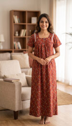 Front Open Cotton Nighty With Buttons, 55 Inches - Image 2