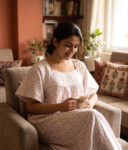Traditional Cotton Nighty, 57 Inches Length - White + Rose
