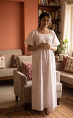 Traditional Cotton Nighty, 57 Inches Length - White + Rose - Image 2