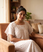 Traditional Cotton Nighty, 57 Inches Length - White + Orange
