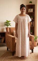 Traditional Cotton Nighty, 57 Inches Length - White + Orange - Image 2