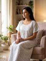Traditional Cotton Nighty, 57 Inches Length - White + Green