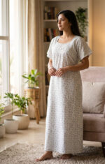 Traditional Cotton Nighty, 57 Inches Length - White + Green - Image 2