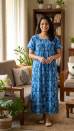 Front Open Cotton Nighty With Buttons, 55 Inches - Blue - Image 2