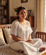 Traditional Cotton Nighty, 57 Inches Length - White + Violet