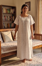 Traditional Cotton Nighty, 57 Inches Length - White + Violet - Image 2