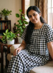 Traditional Cotton Nighty, 55 Inches Length - Black + White