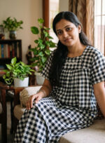Traditional Cotton Nighty, 55 Inches Length - Black + White