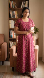 Comfortable Full Open Cotton Nighty, 55 Inches Long - Magenta - Image 2