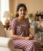 Traditional Cotton Nighty, 55 Inches Length - Maroon + White