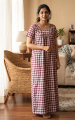 Traditional Cotton Nighty, 55 Inches Length - Maroon + White - Image 2