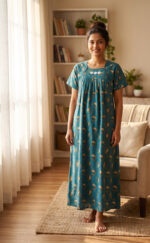 Traditional Cotton Nighty, 55 Inches Length - Blue - Image 2