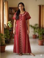 Churidar Model Cotton Nighty With Buttons, 55 Inches Length- Red - Image 2