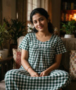 Traditional Cotton Nighty, 55 Inches Length - Green + White
