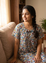 Traditional Cotton Nighty, 55 Inches Length - White + Black Designs