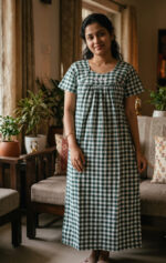 Traditional Cotton Nighty, 55 Inches Length - Green + White - Image 2