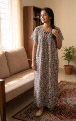 Traditional Cotton Nighty, 55 Inches Length - White + Black Designs - Image 2