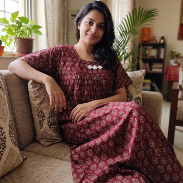 Traditional Cotton Nighty, 55 Inches Length - Ajrak Maroon