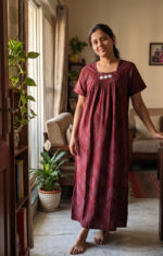 Traditional Cotton Nighty, 55 Inches Length - Maroon - Image 2