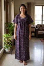 Traditional Cotton Nighty, 55 Inches Length - Ajrak Blue - Image 2
