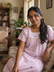 Traditional Cotton Nighty, Round Neck, 55 Inches Length - Rose + White