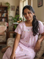 Traditional Cotton Nighty, Round Neck, 55 Inches Length - Rose + White