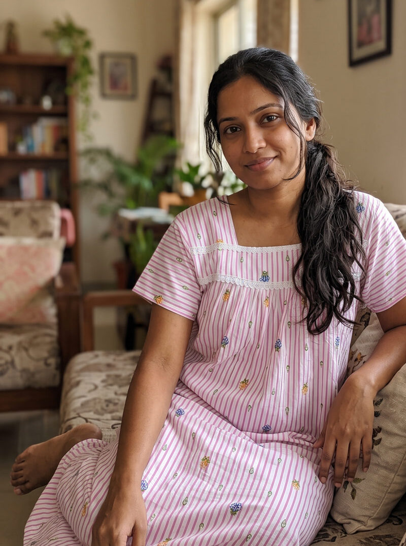 AD1 Traditional Cotton Nighty, Round Neck, 55 Inches Length - Rose + White - Image 1