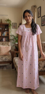 Traditional Cotton Nighty, Round Neck, 55 Inches Length - Rose + White - Image 2