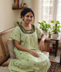 Traditional Cotton Nighty, Round Neck, 55 Inches Length - White + Green