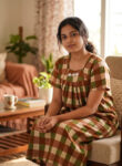 Traditional Cotton Nighty, 55 Inches Length - Yellow + Green