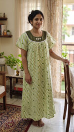Traditional Cotton Nighty, Round Neck, 55 Inches Length - White + Green - Image 2