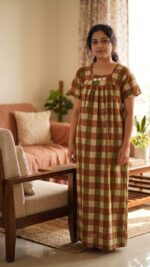 Traditional Cotton Nighty, 55 Inches Length - Yellow + Green - Image 2